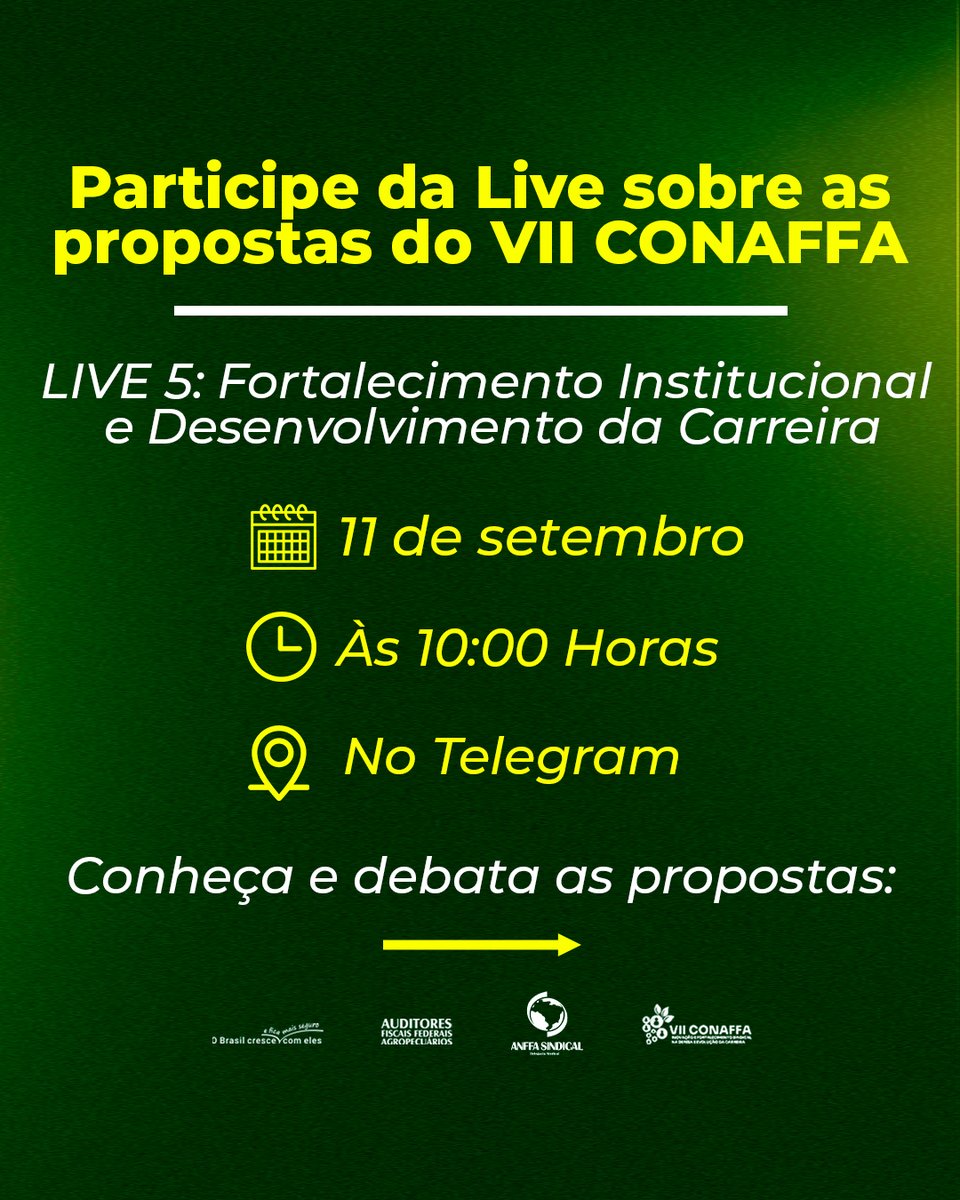 🚨 Chegamos à PENÚLTIMA LIVE de apresentação das propostas do VII CONAFFA!
🔎 Tema: Fortalecimento Institucional e Desenvolvimento da Carreira
💬 Sua participação é essencial.🔗 Entre no grupo do Telegram e acompanhe ao vivo!
Todas as outras lives estão disponíveis no YouTube.