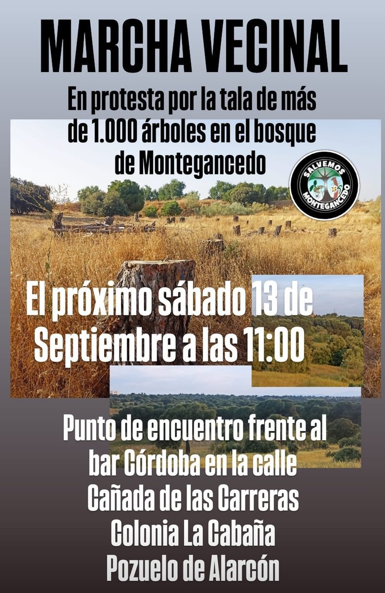 Marcha protesta por la tala de más de 1.000 árboles en #Montegancedo #Pozuelo 
Sábado 13 septiembre - 11h