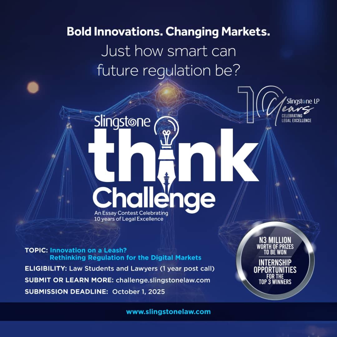 SlingstoneLaw's tweet photo. Are you a law student or a new lawyer?

This is your chance to join other brilliant legal minds lending their voice to the conversation #SlingstoneThinkChallenge.

What’s the new challenge for the law in regulating digital markets? How can laws designed to promote market competition, integrity, efficiency, and consumer protection also continue to support innovation in a rapidly growing digital economy?

Topic: Innovation on a Leash? Rethinking Regulation for the Digital Market.

Submission Deadline: October 1, 2025

Submit now or Learn More: https://t.co/TuTkFqqXeB

#ThinkChallenge #SlingstoneAt10 #Tech #DigitalMarket #CompetitionLaw #DataPrivacy #AI #Regulation #Law #Innovation