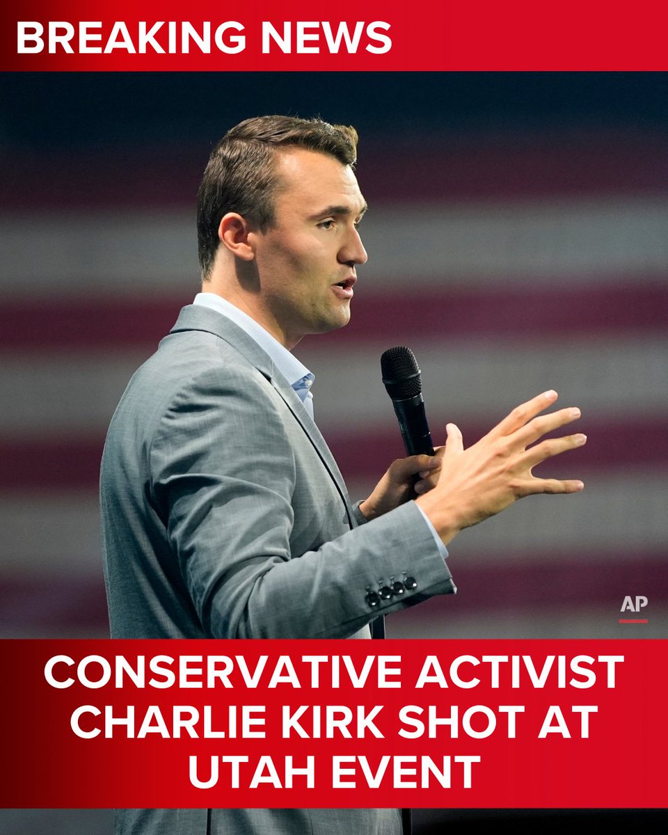 BREAKING: Conservative activist Charlie Kirk was shot while speaking at an event in Utah, according to multiple reports and social media video from the scene. wnep.com/article/news/n… 
 
(AP Photo/Alex Brandon)