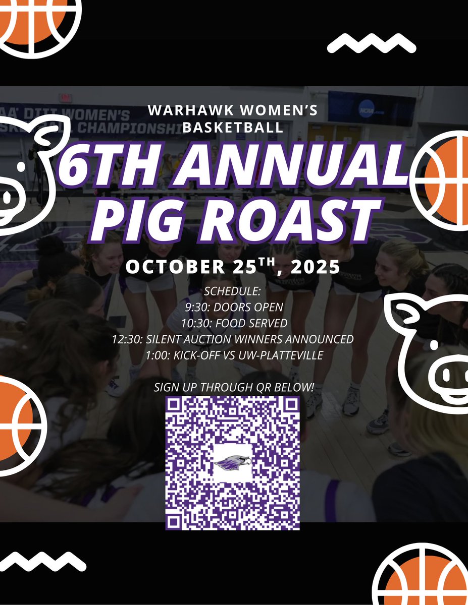 There is still plenty of time to get registered for our annual Pig Roast Tailgate Fundraiser! For more information, use the QR code or link below! See you there!

We will also be celebrating our Hall of Fame Inductee, Kelsey Hendrickson during the event!

uwwsports.com/news/2025/7/22…