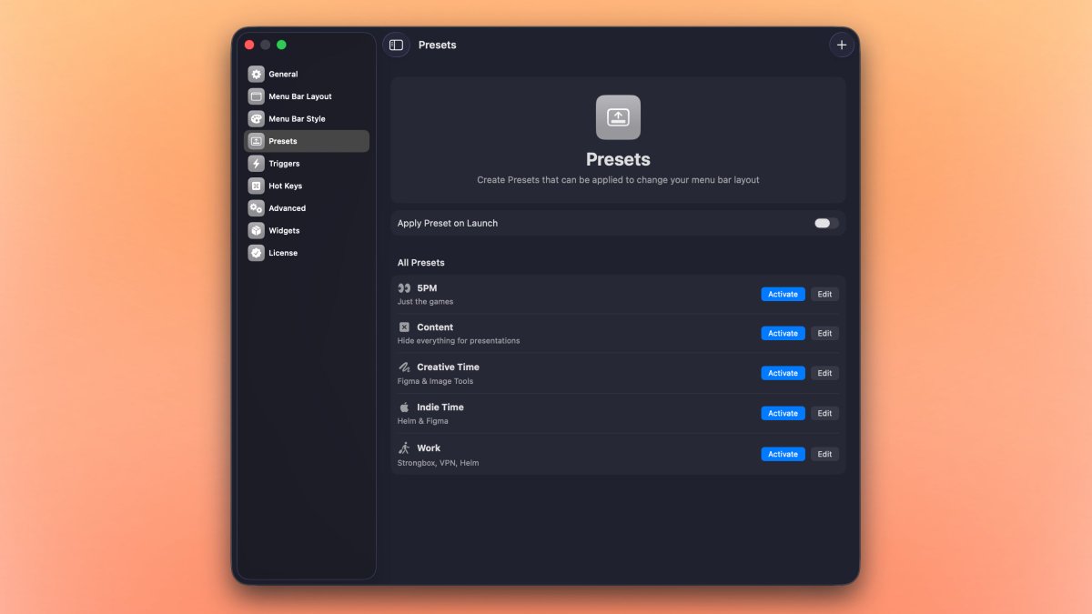 macbartender's tweet image. focus on exactly what you want to work on with Bartender presets 👨🏼‍💻

vpns &amp;amp; all the boring bits during the day, then break out the fun stuff as soon as it hits 5 - all automatically applied with triggers 🚀