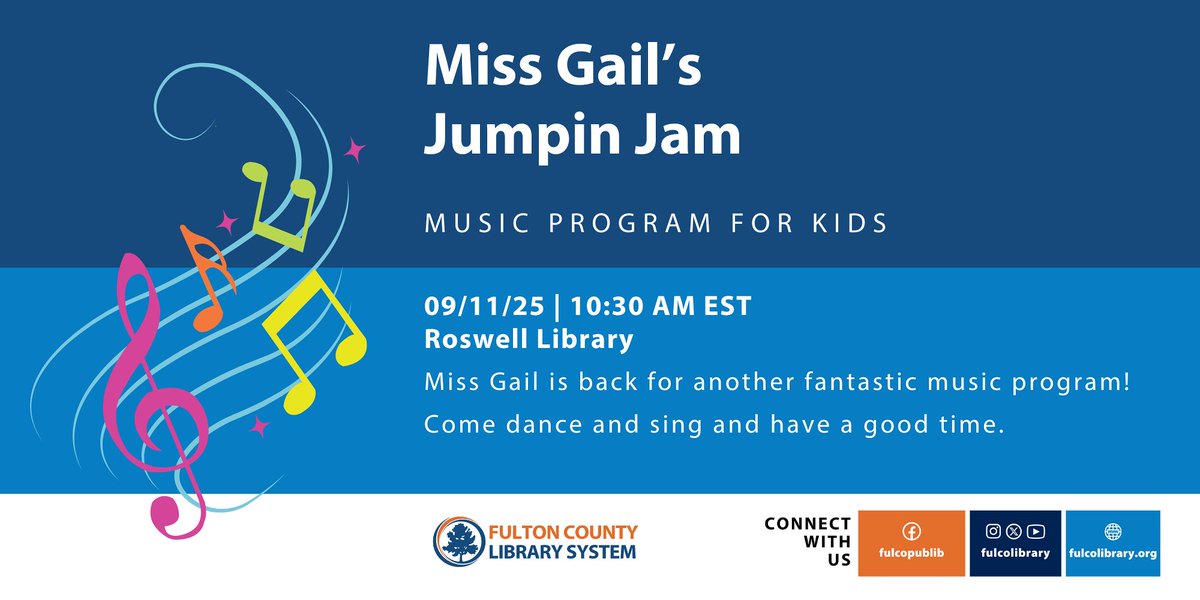 🎶✨ Get ready to sing, dance, and JUMP! ✨🎶Miss Gail’s Jumpin’ Jam is coming to the Roswell Library tomorrow, Thurs, Sept 11 at 10:30 am. Kids will be up on their feet enjoying music, movement, and lots of smiles — no registration needed!