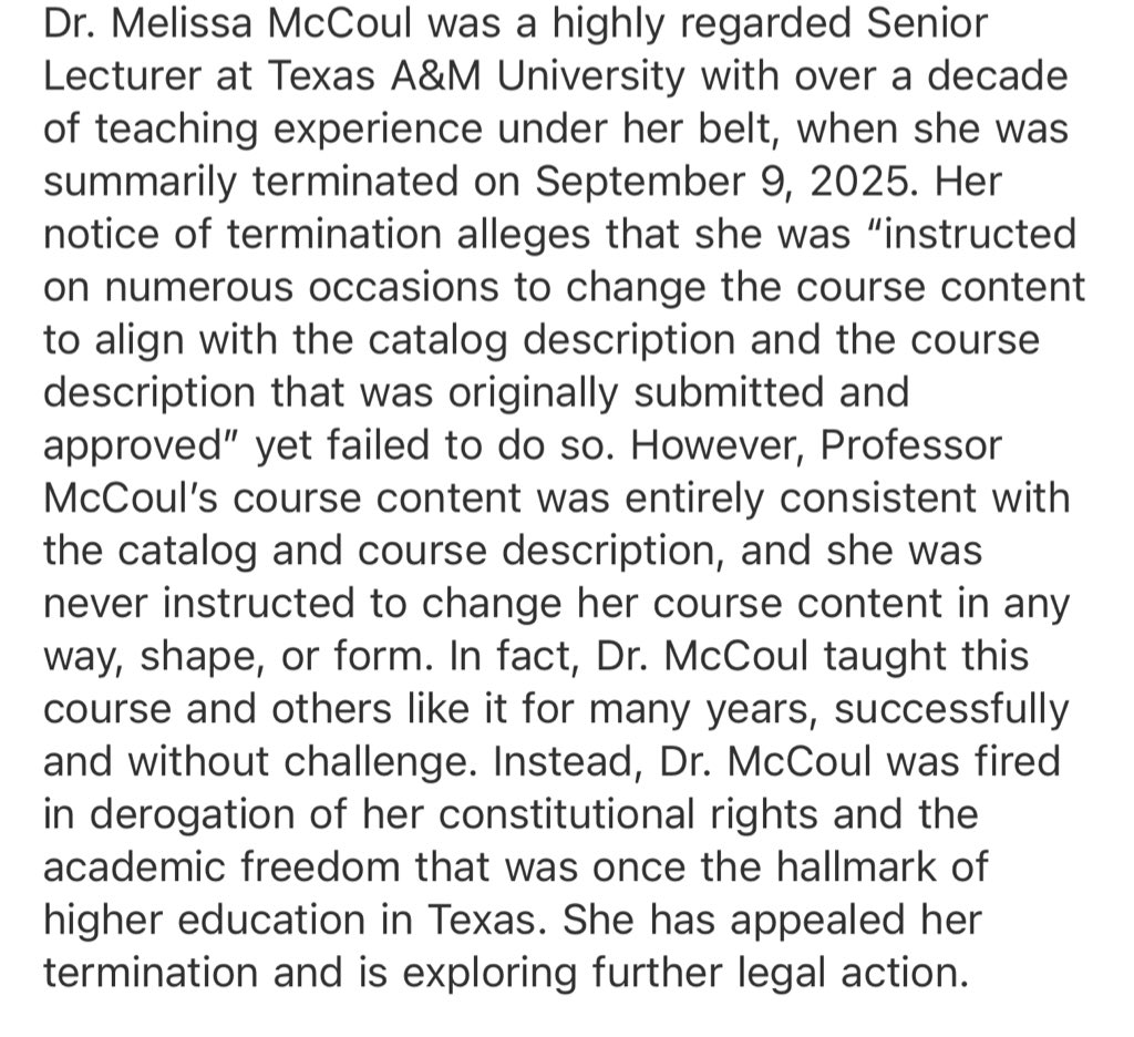 Texas A&amp;M professor fired after a viral video showed a student confronting her for teaching about gender says the university never instructed her to change her course content.
📄 Full statement + story: texastribune.org/2025/09/08/tex…