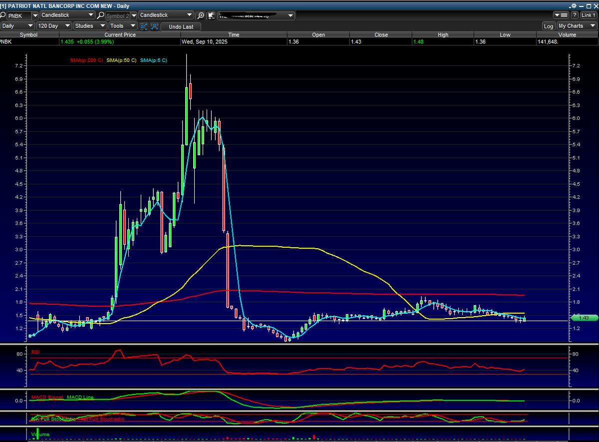 flea_press's tweet photo. Turdly $PNBK appears to be at a key support level. https://t.co/LWx2bGljUM
