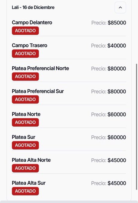 The presale of the 6 Vélez Stadium in LALI (<a href="/lalioficial/">Lali</a>) which will be held on December 16th is officially Sold Out

--General ticket sales will start tomorrow.