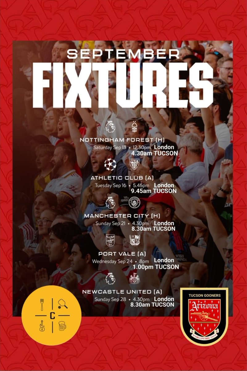 TucsonGooners's tweet photo. September fixtures! See you at Corbetts! https://t.co/OXD6LHWKgm