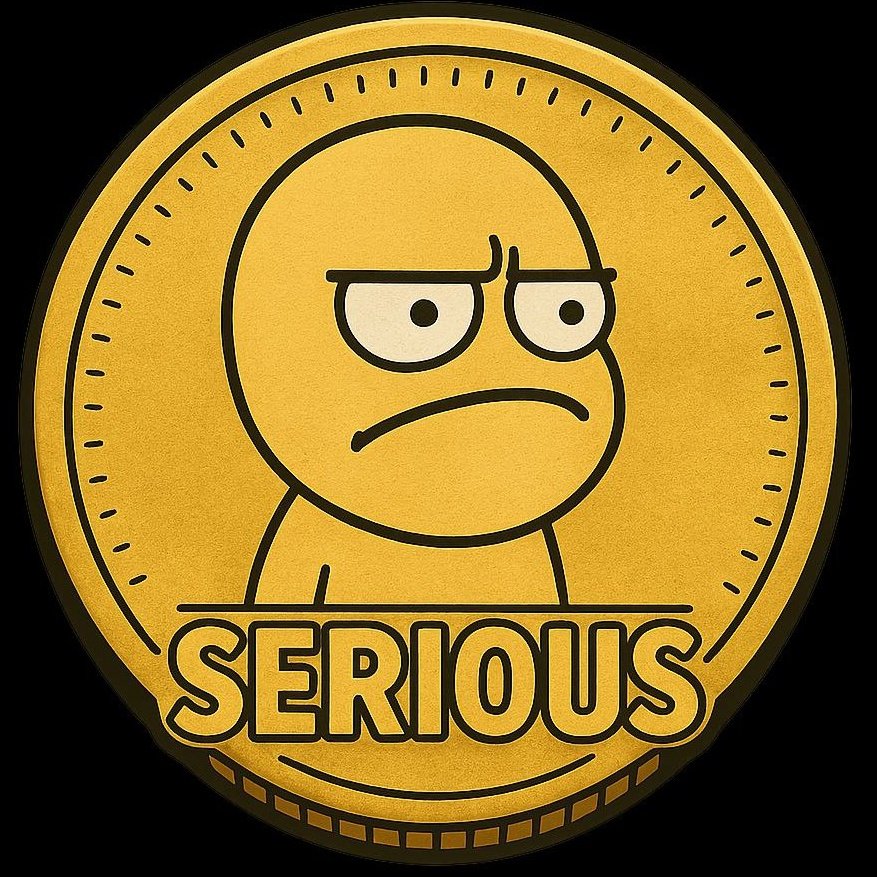 金のコインに不機嫌そうなマンガ風の顔があしらわれたSerious Coinのロゴ
