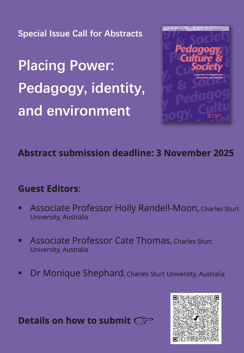 PedagogyCultSoc's tweet image. 🎉A new call for abstracts for a special issue on Power, Identity, Space and Pedagogy. It emerged from the @genderanded  Conference 2024, guest edited by the conference chair, Cate Thomas and her colleagues from @CharlesSturtUni , Australia. 

Details 👉