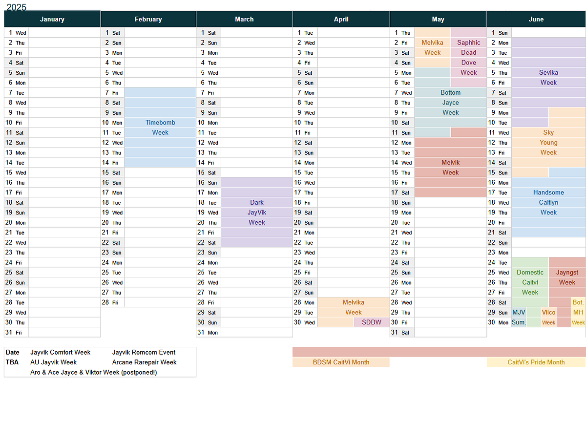 arcanecalendar's tweet photo. Finally, calendar update!

We're welcoming @aujayvikweek, Melvikaween (by @melvikaweek), @preggyviknation, @subottomvik, #AnniViksary (for LoL Viktor) and my very own event, @arcaniversary!! https://t.co/6XUo3XtKbz