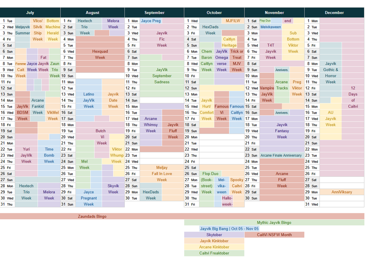 arcanecalendar's tweet photo. Finally, calendar update!

We're welcoming @aujayvikweek, Melvikaween (by @melvikaweek), @preggyviknation, @subottomvik, #AnniViksary (for LoL Viktor) and my very own event, @arcaniversary!! https://t.co/6XUo3XtKbz