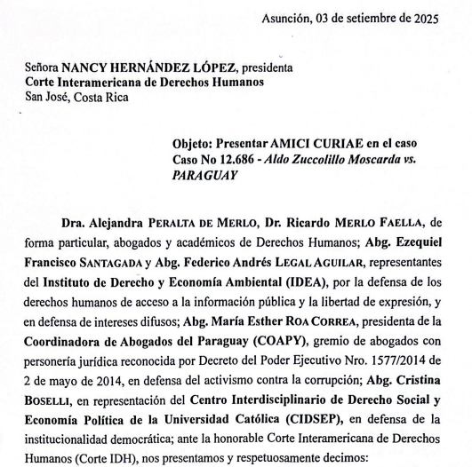 Hoy nuestro abogado <a href="/FedericoLegal/">Federico Legal Aguilar</a>  fue notificado de la admisión del amicus curiae presentado a la <a href="/CorteIDH/">Corte Interamericana de Derechos Humanos</a> en el caso de "Aldo Zuccolillo vs. Paraguay" elaborado por nuestra organización, <a href="/COAPY_PY/">COAPY</a> y <a href="/cidsep/">CIDSEP</a>, y los profesionales <a href="/aleperaltamerlo/">Alejandra Peralta Merlo</a> y Ricardo Merlo. 
<a href="/ABCDigital/">ABC Digital</a>