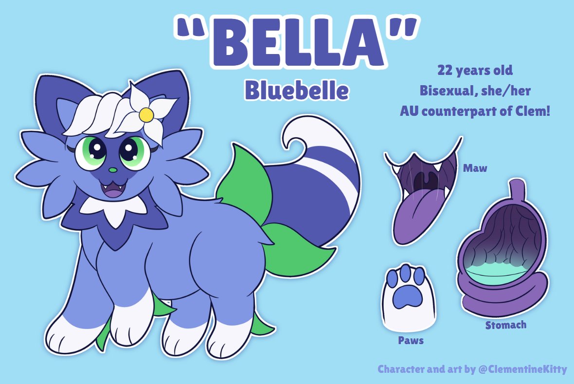 NEW CLEM OC JUST DROPPED 🫐💙

Meet Bluebelle (though you can just call her Bella)! She's an alternate universe version of Clem I've come up with thanks to some inspiration from the lovely <a href="/flarepuff/">Flarepuff</a>!

I'm looking forward to doing fun things with her! &gt;w&lt;