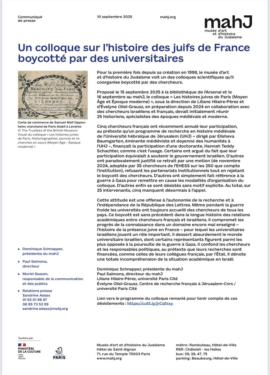 Une bien triste démarche que de boycotter un colloque universitaire dédié aux Juifs de France au Moyen-Âge et époque moderne sur des arguments plus que discutables…et bien la Recherche avancera sans eux…