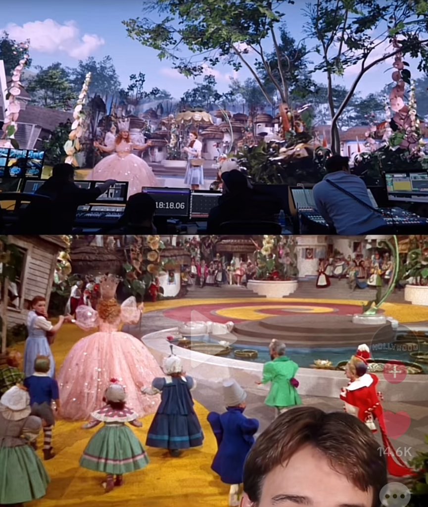 miserandry's tweet photo. @Might0fHeaven @rudebusterzz bastardizing the original beautiful set designs is one. ai generating a performance from a dead actor is another. i think replacing two munchkins’ faces with zaslav and the dude who owns the sphere is kinda egregious too but idk. https://t.co/pv09LLJBCv