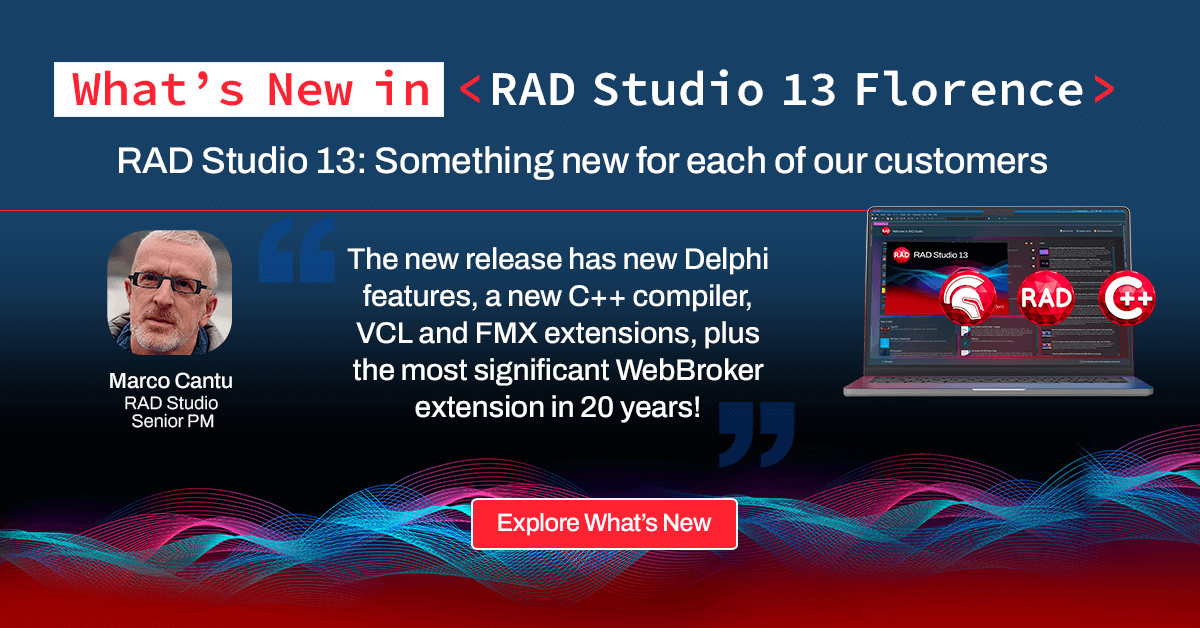 EmbarcaderoTech's tweet image. ✨ 𝗥𝗔𝗗 𝗦𝘁𝘂𝗱𝗶𝗼 𝟭𝟯: 𝗦𝗼𝗺𝗲𝘁𝗵𝗶𝗻𝗴 𝗻𝗲𝘄 𝗳𝗼𝗿 𝗲𝗮𝗰𝗵 𝗼𝗳 𝗼𝘂𝗿 𝗰𝘂𝘀𝘁𝗼𝗺𝗲𝗿𝘀

&quot;The new release has new Delphi features, a new C++ compiler, VCL and FMX extensions, plus the most significant WebBroker extension in 20 years!&quot; Marco Cantu, Senior Product…