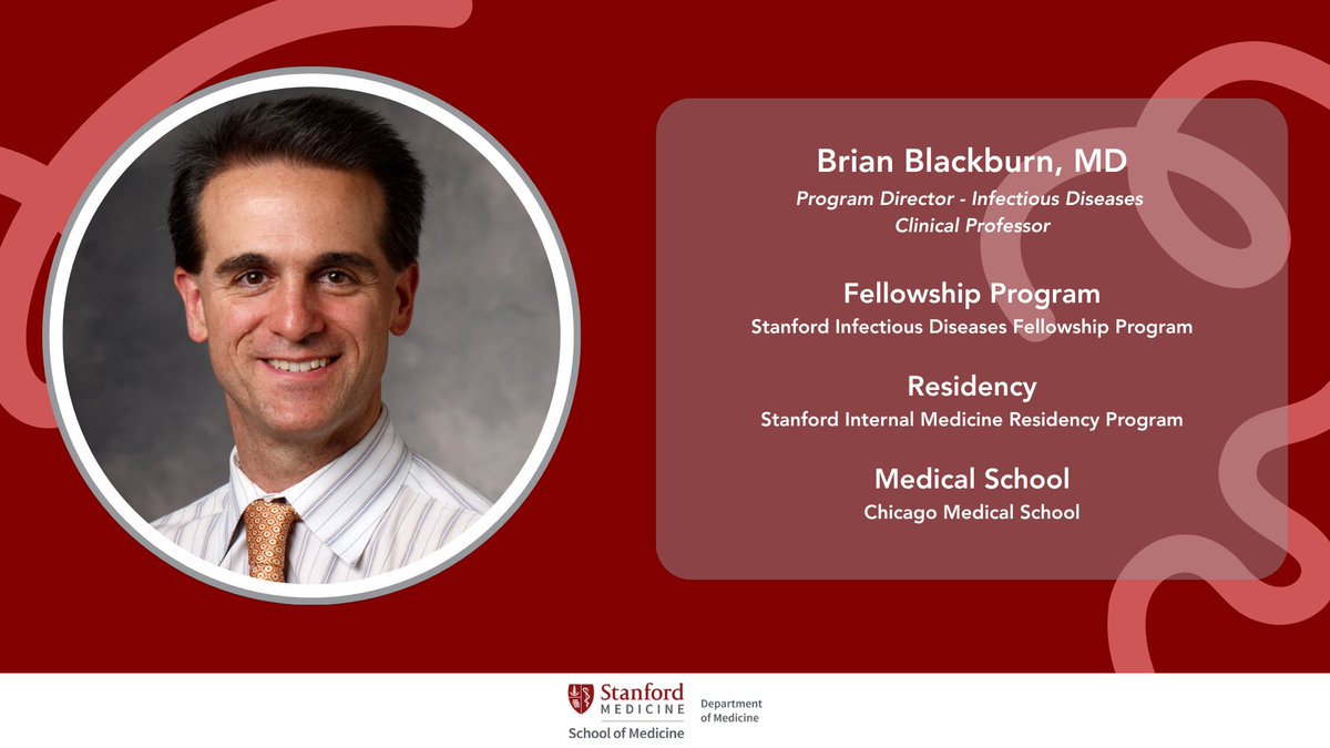 StanDOMFellows's tweet image. Meet Dr. Brian Blackburn, MD — our next feature in our #StanDOM Fellowship Leaders Spotlight Series!

#StanfordMedicine #FellowshipLeadership #DOMFellowship #PhysicianLeaders #InfectiousDiseases
