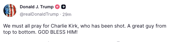 JhWesten's tweet photo. President Trump asks for prayers for Charlie Kirk https://t.co/IgStG6H7bL