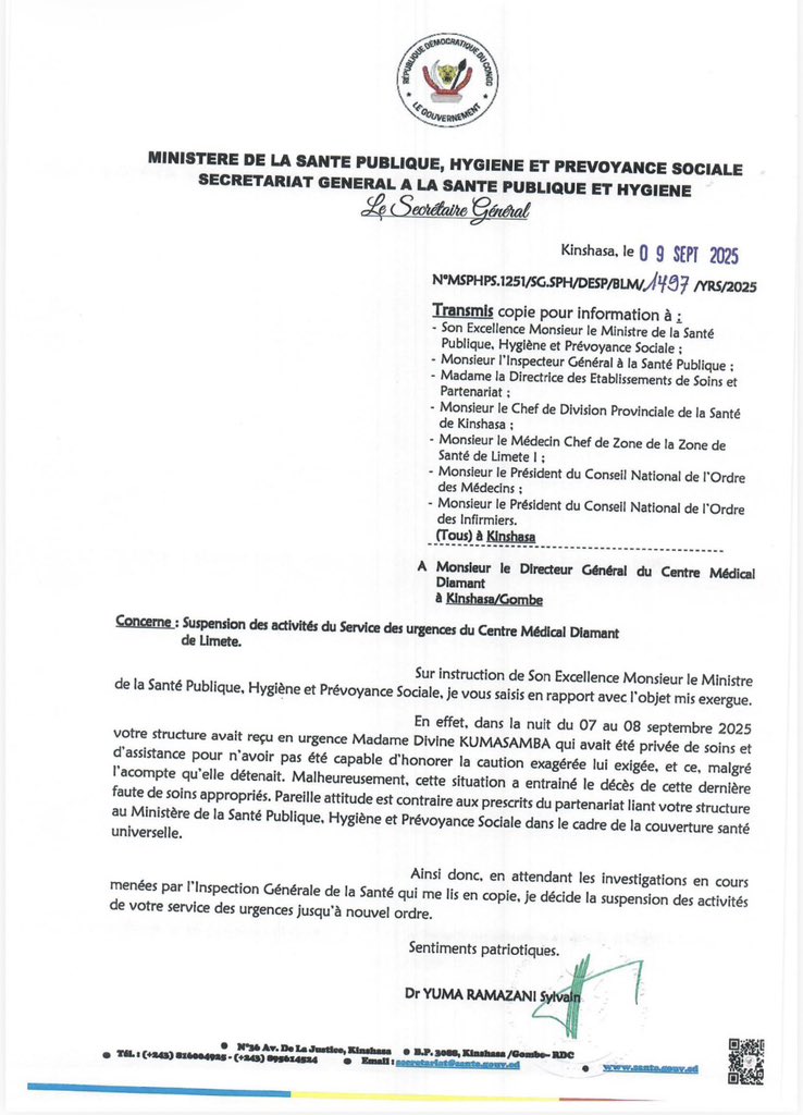 pascal_mulegwa's tweet image. KINSHASA : En plus de @HjHospitals de l’Indien Harish Jagtani, le gouvernement frappe également le service des urgences du centre Médical Diamant #CMD impliqué dans la mort d’une Patiente à qui des soins ont été catégoriquement refusés la nuit de dimanche à lundi, faute de