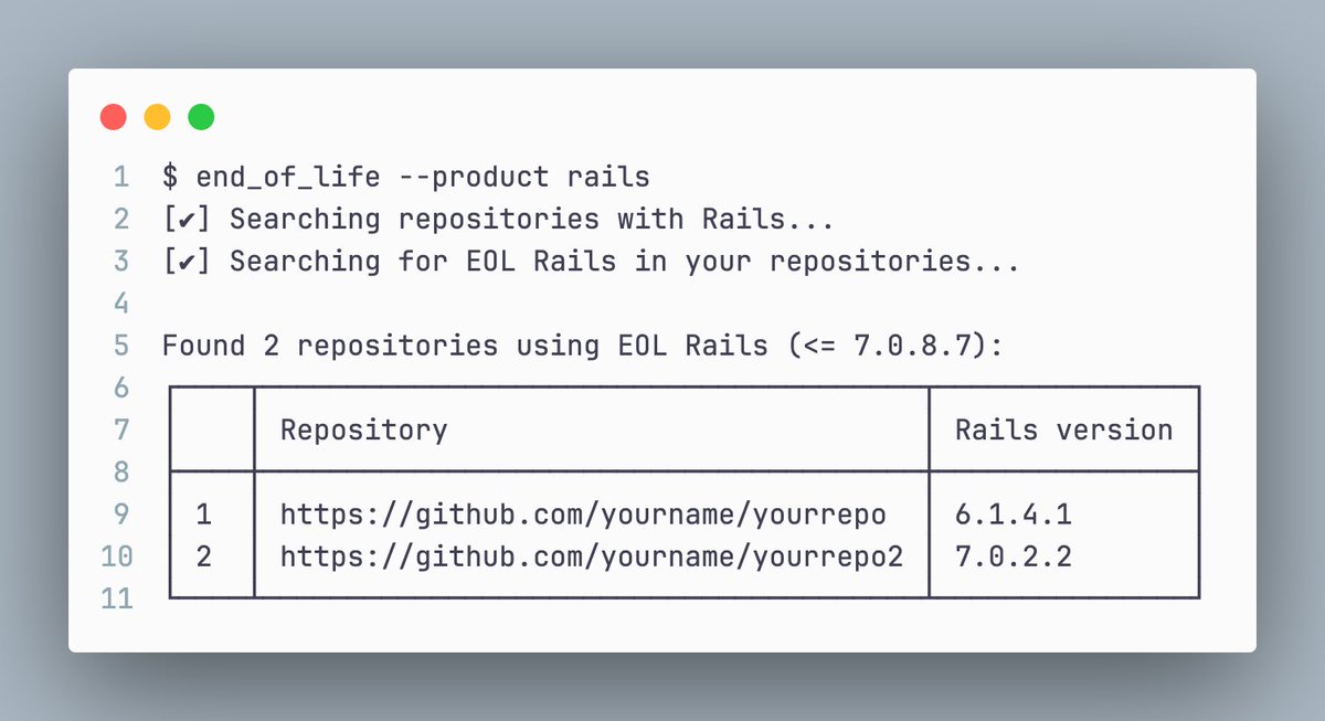 Did you know that Rails 7.1 stops receiving security updates in 3 weeks? Wished that you had a tool that would inform you about this kind of stuff?

Well, end_of_life v0.5 was just released and it now supports Rails!

Check it out: github.com/MatheusRich/en…