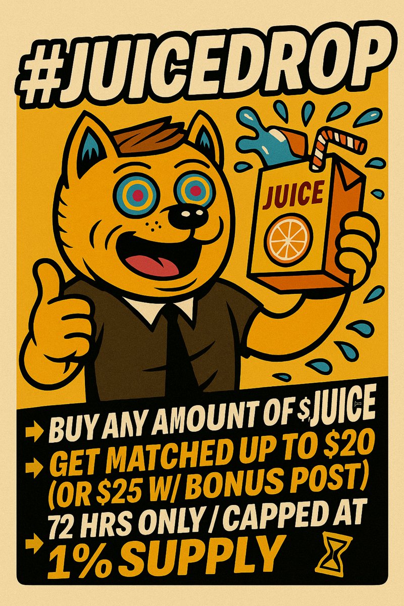 JUICEonBase's tweet photo. JUICE started with just $1 LP and has grown purely on community chaos 🧃

Now with #juicedrop you can:

👉 Buy any amount of $JUICE
👉 Get matched up to $20 (or $25 w/ bonus post)
👉 72 hrs only / capped at 1% supply ⏳

Don’t miss it.

#JUICEDROP Details:

https://t.co/idmt36qgYo