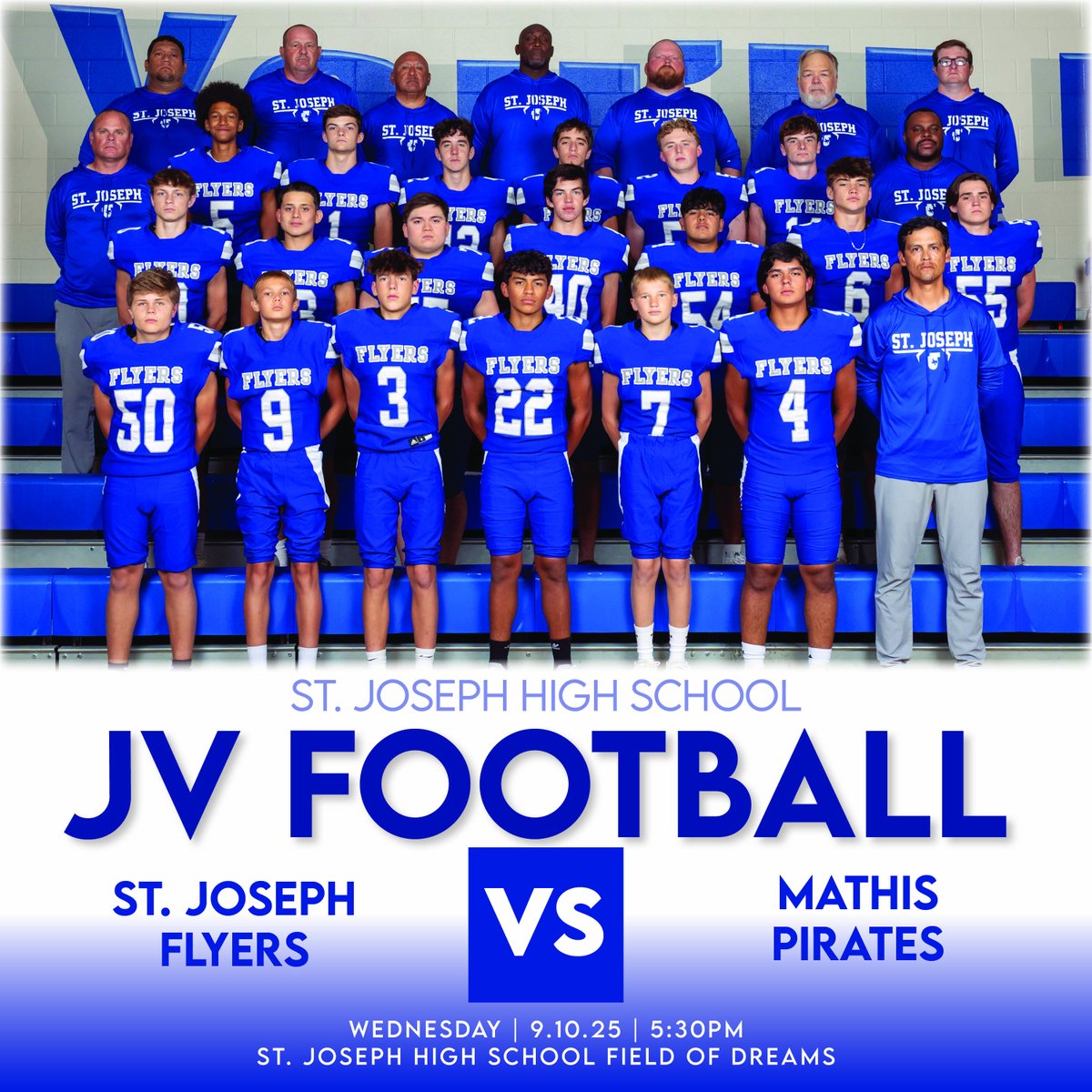 💙 ✈️ 🏈 The 2-0 JV Flyers have a home game tonight vs. the Mathis Pirates. Let's show our FLYER PRIDE and cheer them on to Victory! 

🎟️ Tickets available at stjflyers.com/athletics/tick…