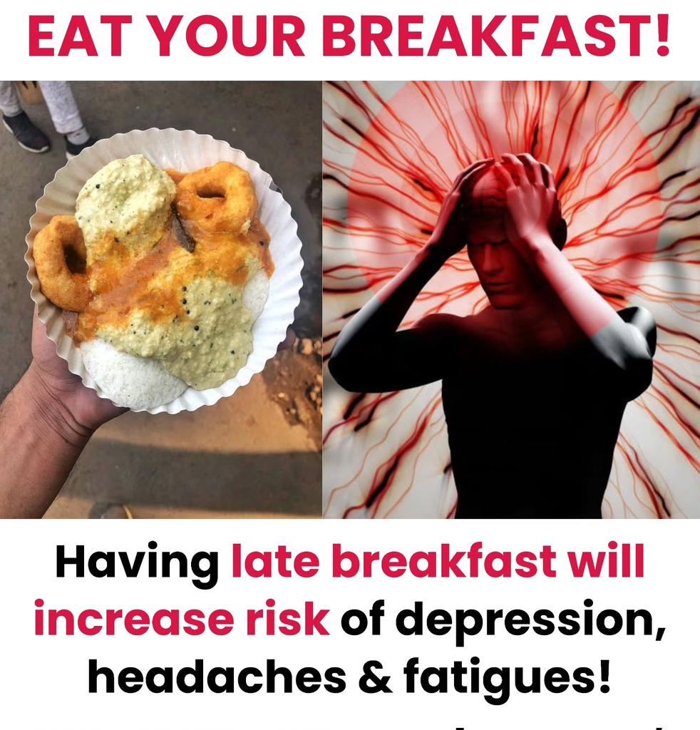 Having a late breakfast is linked to higher chances of depression and fatigue according to a study based on the NHANES survey, which found eating breakfast after 9:00 AM increases depression symptoms risk!