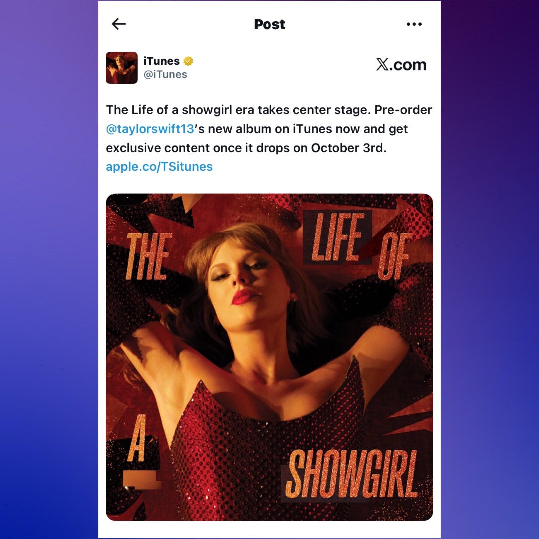 PopBase's tweet photo. iTunes uploads its first tweet in 6 years to announce the pre-order for Taylor Swift’s upcoming album ‘The Life of a Showgirl.’ https://t.co/BX9S0bVmed