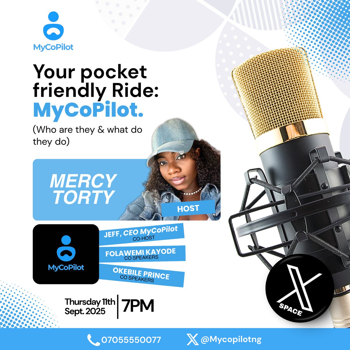 mycopilotng's tweet photo. It’s not just a Space, it’s a conversation. 💬
We’ll be hosting a Twitter Space on [Your pocket friendly Ride : MyCoPilot.
(Who are they & what do they do)]. Come learn, share, and connect.
🗓 [11/10/2025]
⏰ [7:00pm]
Set your reminder and join the family! 
https://t.co/GAUfJKHJZy

#mycopilot #twitterspace #jointheconversation #engageandlearn #saferides #affordable #lagos