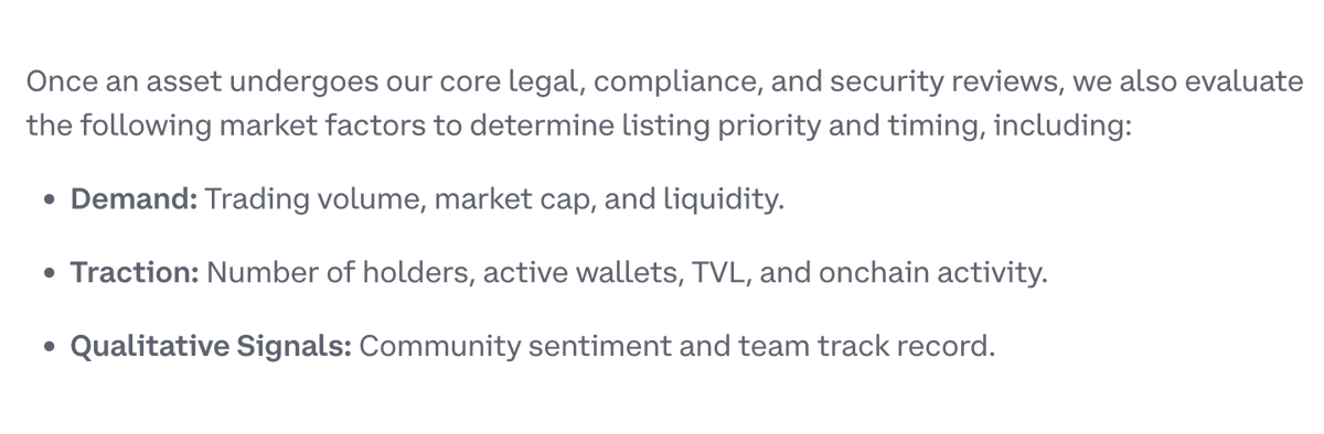 0xLuo (on farcaster) (@0xluo) on Twitter photo From this guide we see some market factors for Coinbase’s listing priority and timing: Demand, Traction, and Qualitative Signals.
This aligns well with what most of us would expect, a popular token with an active community and strong team will naturally gain Coinbase’s favor. From this guide we see some market factors for Coinbase’s listing priority and timing: Demand, Traction, and Qualitative Signals.
This aligns well with what most of us would expect, a popular token with an active community and strong team will naturally gain Coinbase’s favor.