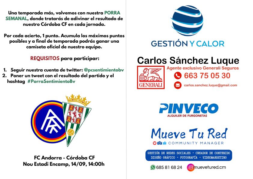 ⚪️🟢 𝙋𝙊𝙍𝙍𝘼 𝙎𝘽𝙑 ⚪️🟢

✈️ Viajamos a Andorra a por la primera victoria como visitantes.

Participa en nuestra #PorraSentimientoBv y ve acumulando puntos para poder conseguir una camiseta oficial.

⚠️ Recuerda cumplir con todos los requisitos 👇🏻