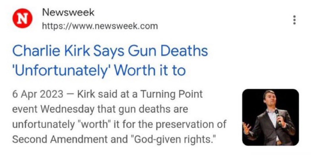 bbmastek's tweet photo. Charlie Kirk defended Gun rights and saying death is an unfortunate price to pay for the god given right people need to limit the second amendment https://t.co/3SsHNq49de