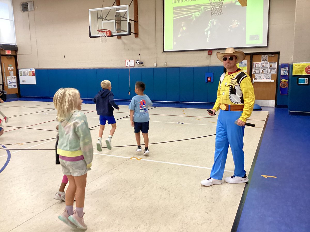Woody came to #physed class to teach the K Ss about locomotor movements and expectations!