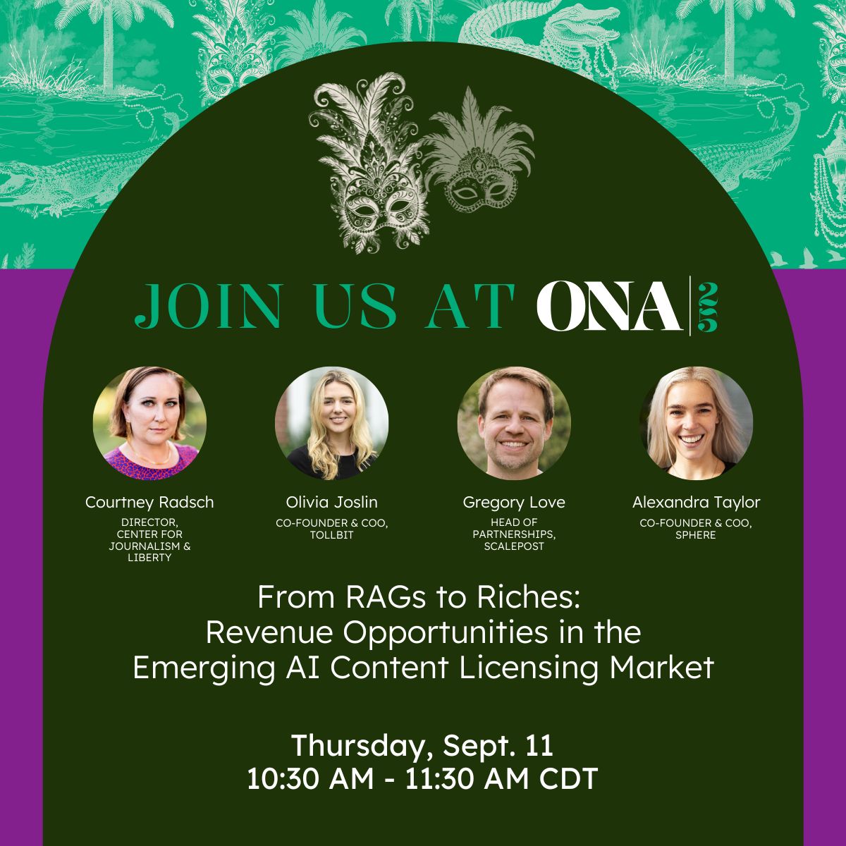 courtneyr's tweet photo. Wondering how your newsroom can navigate the AI economy? Are you in NOLA for #ONA25? Join us @CJL4News for "From RAGS to Riches: Revenue Opportunities in the Emerging AI Content Licensing Market" &amp; hear from @TollbitOfficial, @sphere_labs &amp; @scalepostai   https://t.co/p2sxv5qu1h https://t.co/EVlZCxVry7