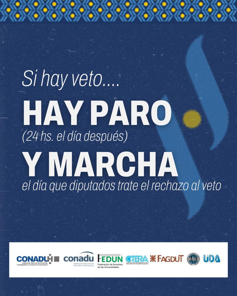 📷SI HAY VETO, HAY PARO y MARCHA 📷
Las y los trabajadores de las universidades nacionales defendemos  la Ley de Financiamiento Universitario. Si la vetan,  paramos y movilizamos al Congreso junto a la comunidad universitaria.
