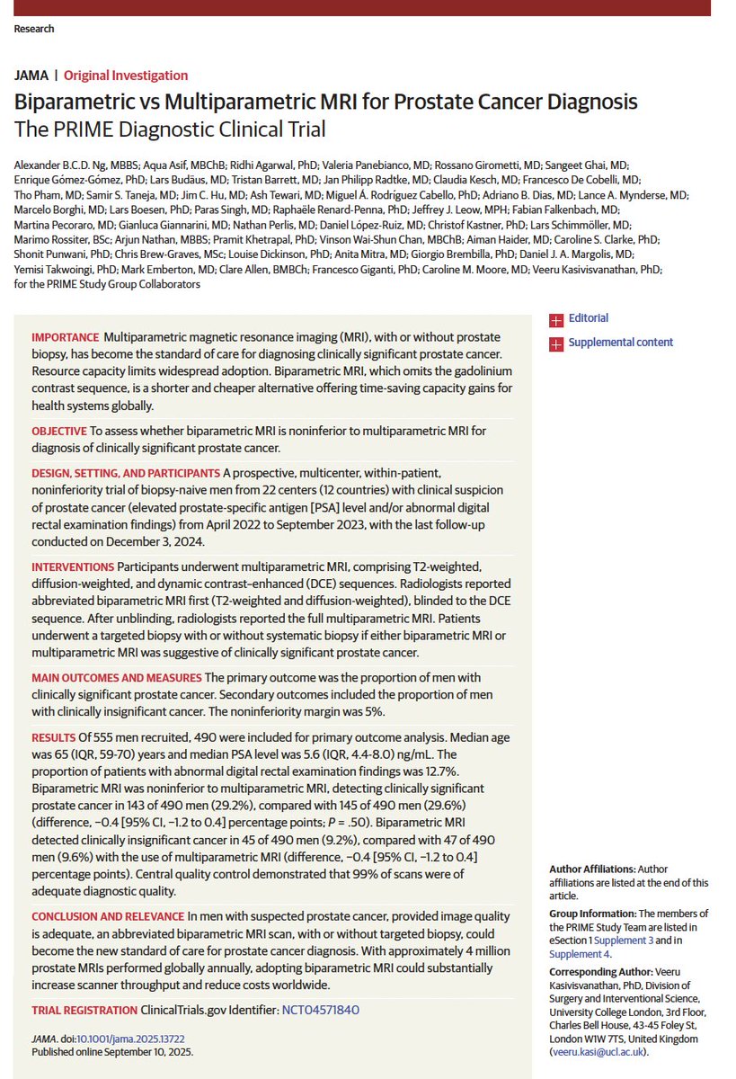 Adam_Weiner535's tweet image. 🚨Biparametric MRI (no contrast) is noninferior to multiparametric MRI for detecting clinically significant #prostatecancer 🚨
📢  PRIME trial in @JAMA_current
⭐️RCT of 490 patients w/ suspicion of prostate cancer
➡️ Shorter scans
➡️ Lower cost
➡️ Similar accuracy
Potential…