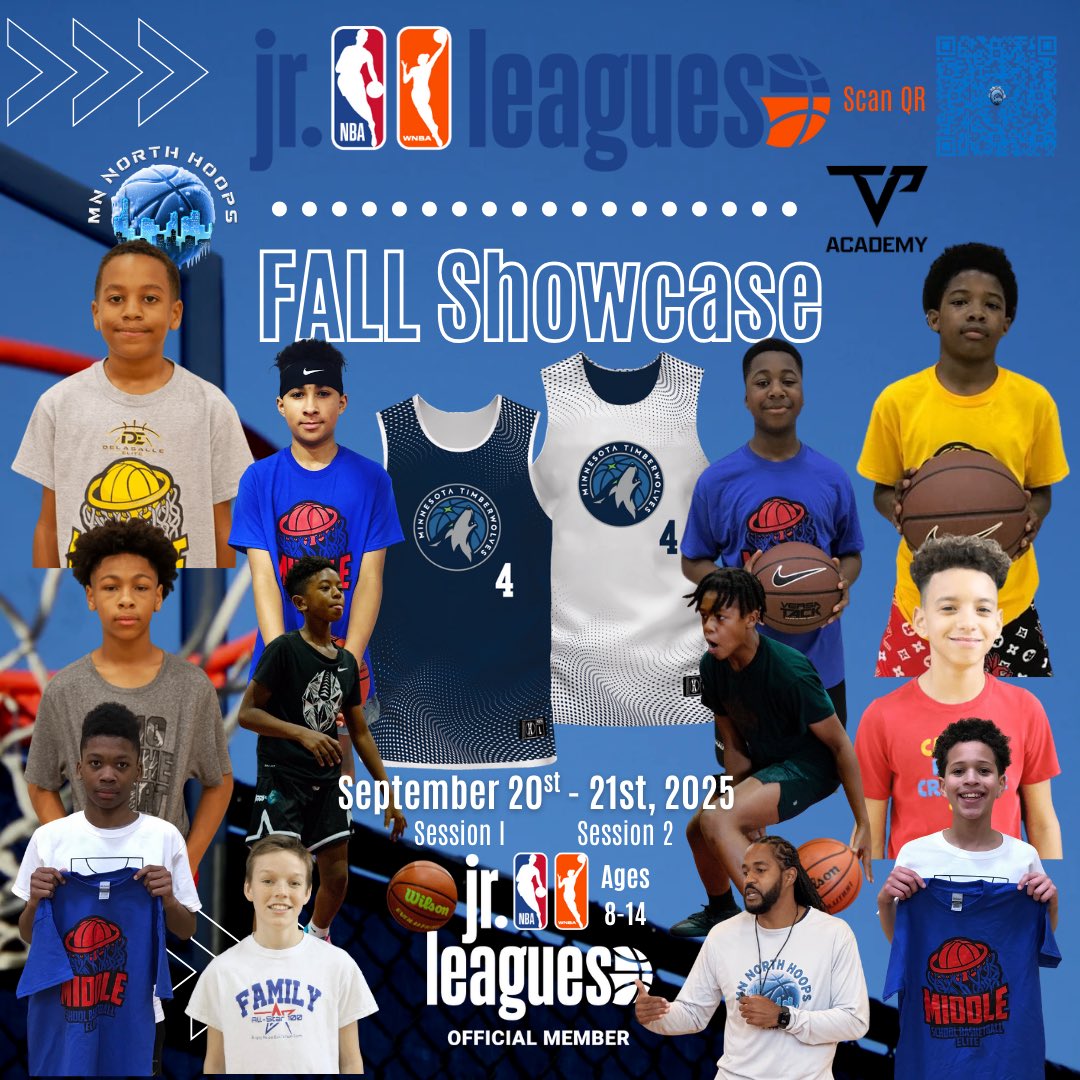 MN North Hoops Jr. NBA Fall Showcase 🏀💯

📅 Sept 20 (Session I)
📅 Sept 21 (Session II)
👥 Ages 8–14
🎽 Jr. NBA Jersey included
💰 $75 Both Sessions Included

Let your parents know!

You can register here 👉 forms.gle/fWhVbjQhwQr9vi… 

We would love to have you in the gym! 🔥