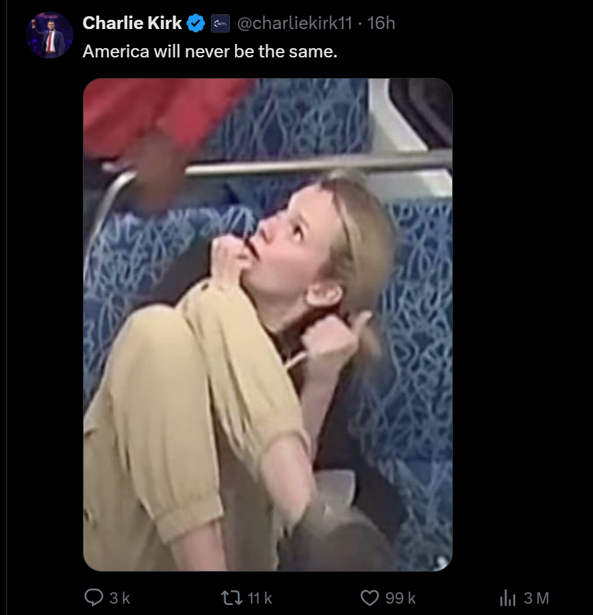 FrDesouche's tweet photo. Charlie Kirk publiait cela, qq heures avant l'attentat https://t.co/qI013BgULx