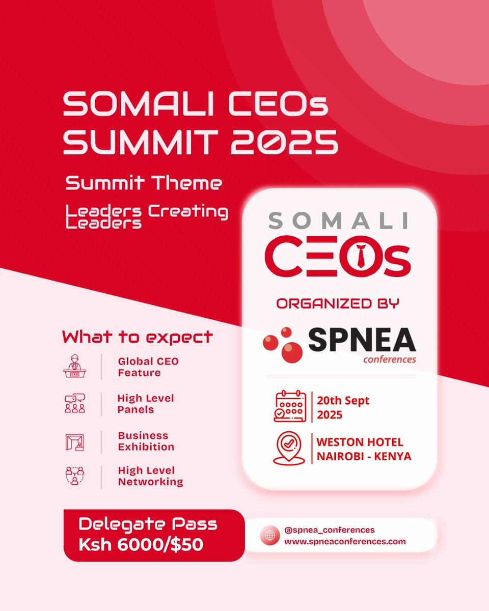 Bdigitalafrica's tweet photo. The Somali CEOs Summit 2025 brings together top Somali executives, entrepreneurs, and policymakers under the theme “Leaders Creating Leaders.” Join us in Nairobi on 20th September for a day of dialogue, networking, and impact.

Register Now

https://t.co/OK2Jb9mllo https://t.co/dXj4mzA8A2