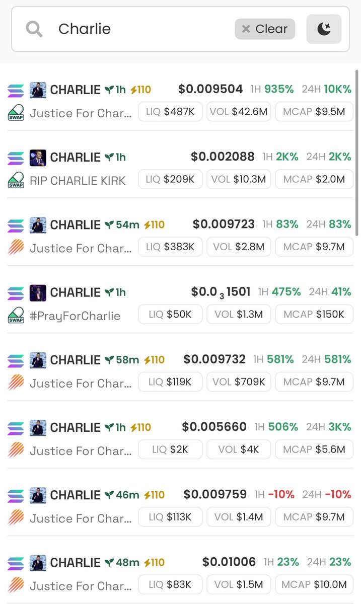 Charlie Kirk may have been assassinated today and left behind a wife and his young kids 

memecoin mfrs are trying to bank of of this, pretty disgusting culture on Solana ngl