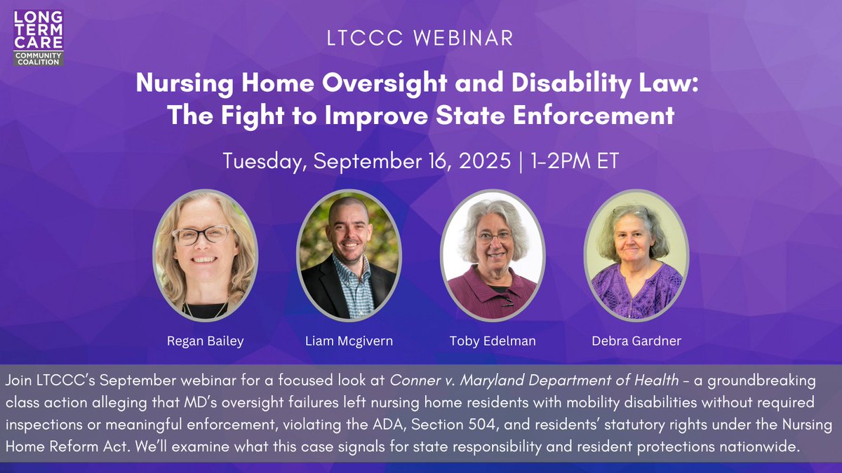 Don't miss out on LTCCC's free webinar, Nursing Home Oversight and Disability Law: The Fight to Improve State Enforcement. Join us on Tuesday, September 16 at 1pm ET!

Register here: bit.ly/sept-2025-webi…