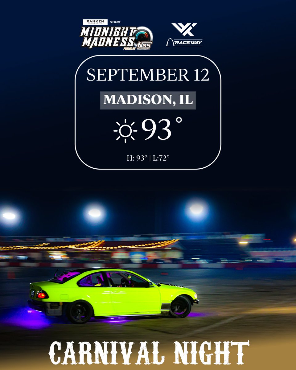 Step right up! The carnival is in town for Midnight Madness this Friday. With a high of 93° and a low of 72°, it’s the perfect night for drifting! 🎡💨
<a href="/rankentech/">Ranken Technical College</a> | @nosenergydrink