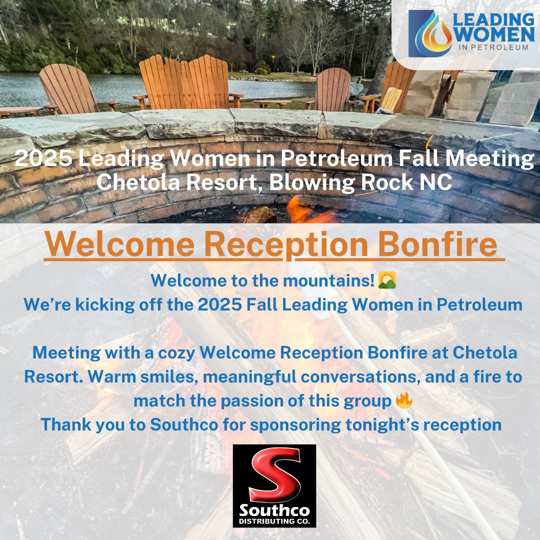 NCPCM's tweet image. Welcome to the mountains! 🌄 Join us for the 2025 Fall Leading Women in Petroleum Meeting at Chetola Resort. Thanks to Southco for sponsoring! 🔥 #LeadingWomenInPetroleum #FuelingLeadership #NCPCM
