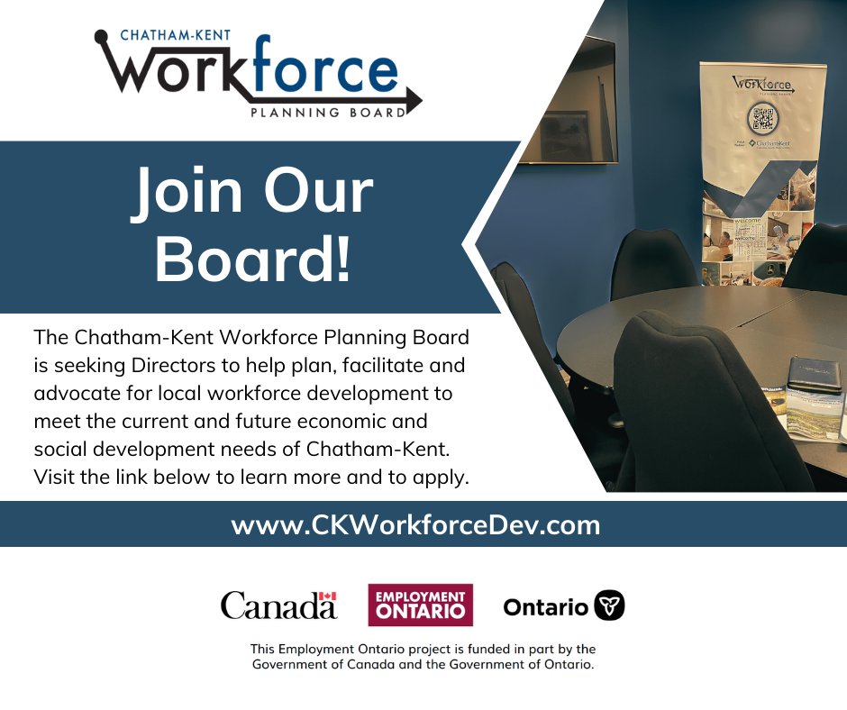 CKWorkforce's tweet image. Are you looking to join a local board? The Chatham-Kent Workforce Planning Board is seeking community leaders with a strategic vision for the Municipality of Chatham-Kent to join its Board.   To learn more and to apply, visit: ckworkforce.ca/about/Pages/Ap…
