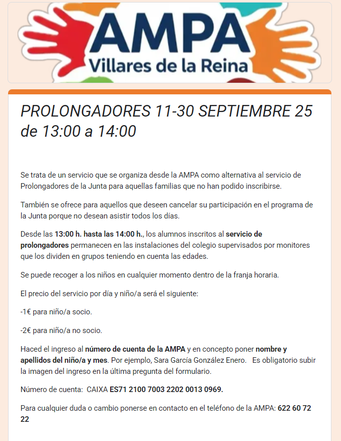 ampavillares's tweet photo. ⚠️⚠️PROLONGADORES DE 13h00 A 14h00 - Resto del mes de SEPTIEMBRE⚠️⚠️
Ampliamos este servicio para aquellas familias que no puedan optar al servicio ofertado por la Junta.

Rellenad el siguiente enlace para inscribiros y adjuntad el justificante de pago:
https://t.co/yV1le9Q5Sp https://t.co/EfsEOcBauH