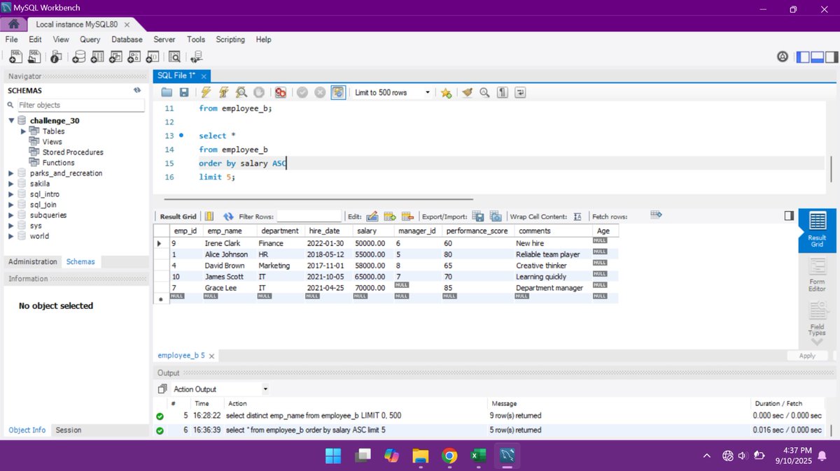 arucole001's tweet image. Day 9 of #30DaysOfSQL 🚀
Today I mixed 3 power tools:
🔹 DISTINCT → removes duplicates
🔹 ORDER BY → sorts results
🔹 LIMIT / TOP → restricts rows