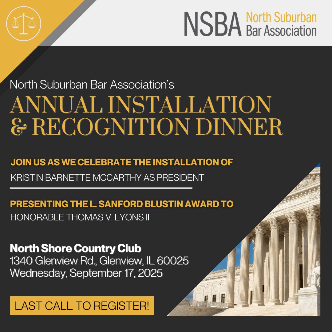 ILNSBA's tweet photo. This is the FINAL CALL to REGISTER for the Annual Installation &amp; Recognition Dinner on Thursday, September 17th at North Shore Country Club. Deadline to register is this Monday, September 15 at 12:00 Noon!

Don't miss out! Register today: https://t.co/TJLJkXsbkL https://t.co/EX6Fw2YscT