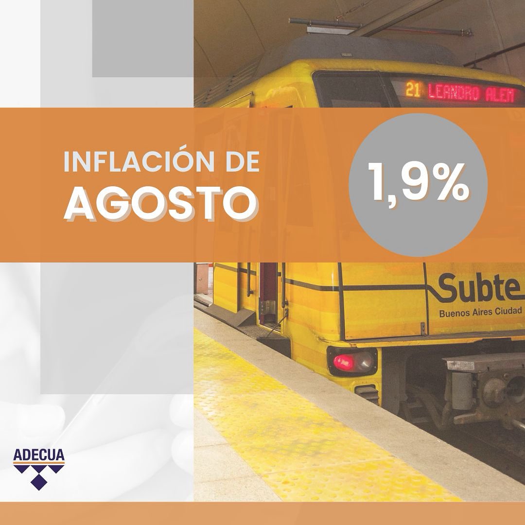 🔎 El <a href="/INDECArgentina/">INDEC Argentina</a> informó que la inflación de agosto fue de 1,9%. Así, se acumula en los primeros 8 meses del año un incremento del 19,5%.

👉 Los rubros con mayores aumentos fueron el Transporte (3,6%), Bebidas alcohólicas y tabaco (3,5%) y Restaurantes y hoteles (3,4%).