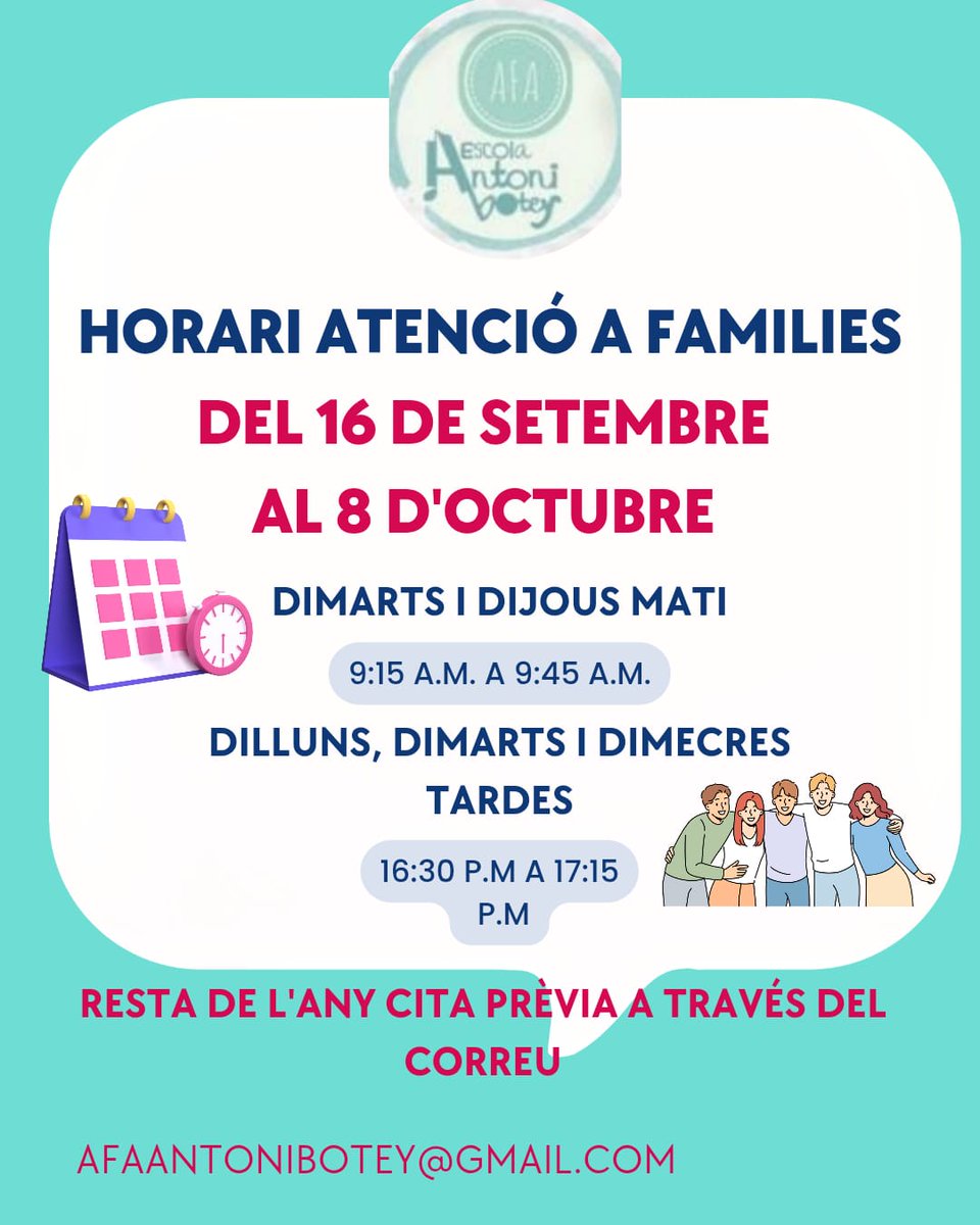 Ja som aquí!. Us esperem per atendre els vostres dubtes sobre l'associació i les activitats que s'organitzen. #juntesfemescola