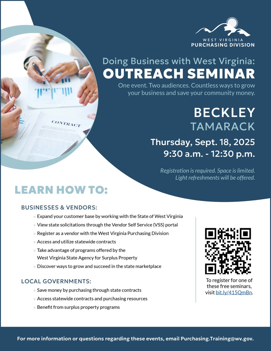 Marshall Advanced Manufacturing Center (@muadvmfg) on Twitter photo Learn how you can do business with the State of West Virginia. Government contracting is a great way to grow your business. Don't miss the Sept. 18 seminar in Beckley or the Sept. 25 event in Martinsburg. Register for these free learning opportunities at bit.ly/415QmBn. Learn how you can do business with the State of West Virginia. Government contracting is a great way to grow your business. Don't miss the Sept. 18 seminar in Beckley or the Sept. 25 event in Martinsburg. Register for these free learning opportunities at bit.ly/415QmBn.